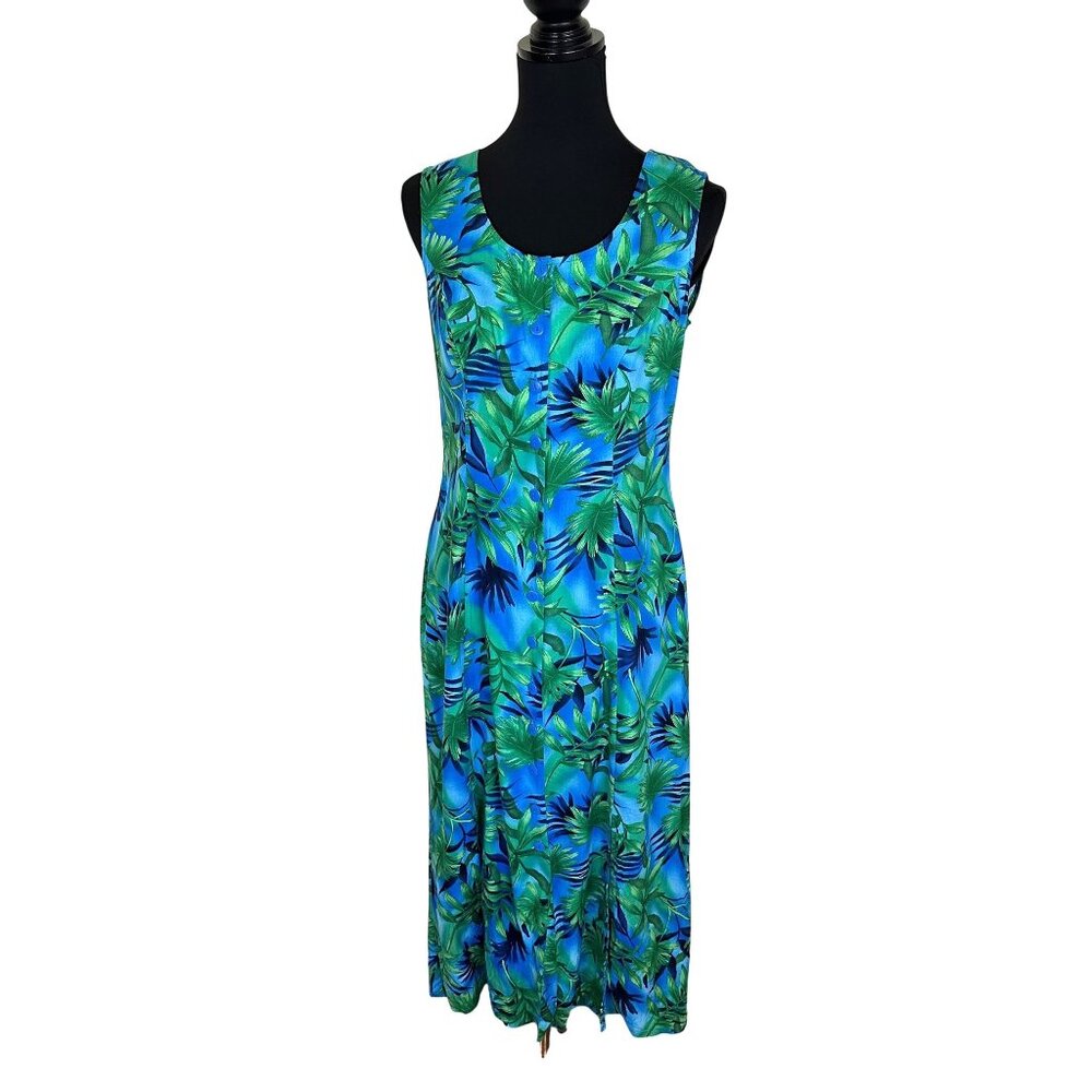 Vtg Womens Tropical Print Midi Dress Sleeveless Button Down Green Blue 1990s med
